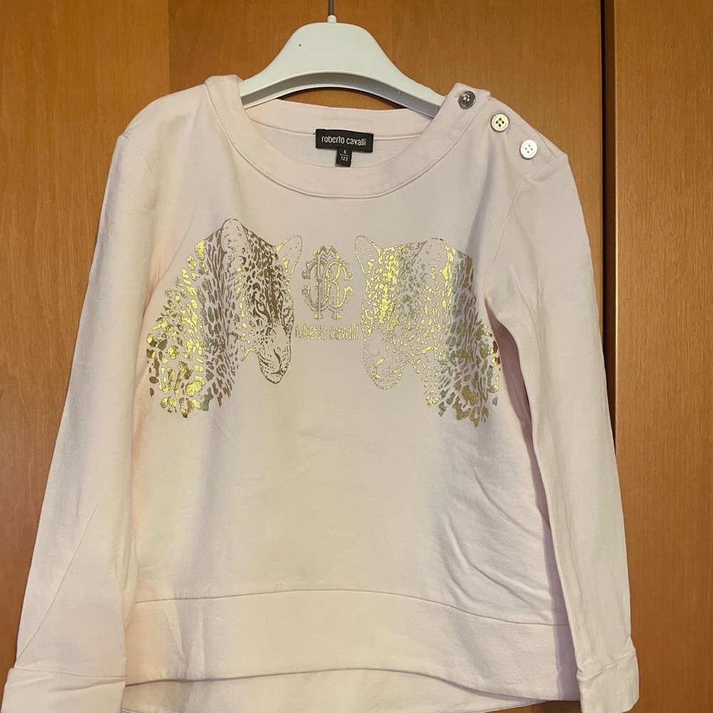 Roberto Cavalli Little Girls Gold Tiger Sweatshirt In light Pink Size 6.